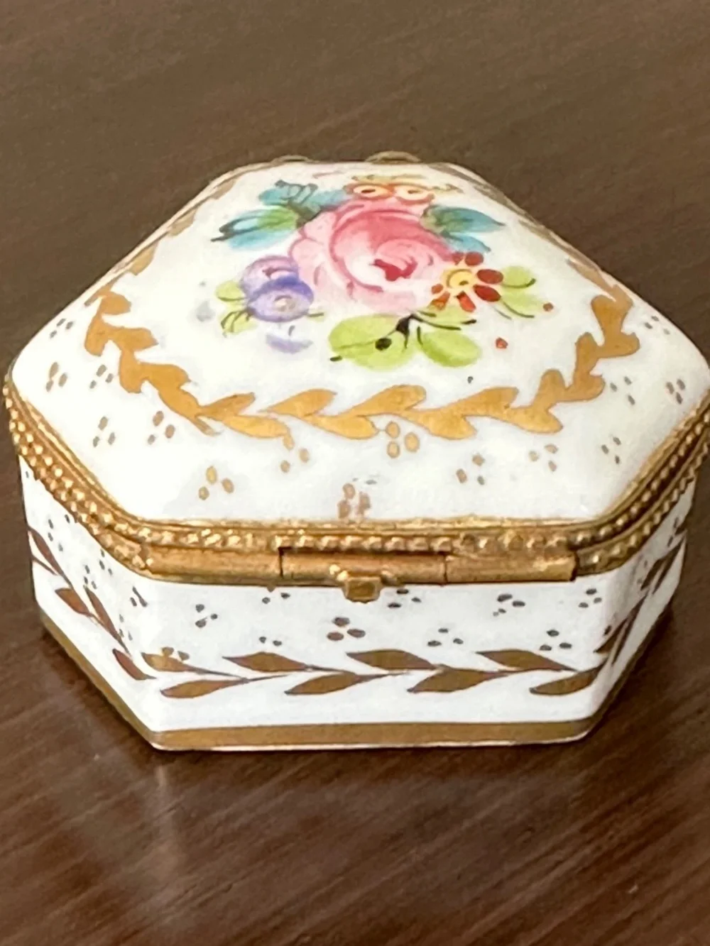 VTG Limoges France Porcelain Hexagon Trinket Box Hand Painted Floral Gold